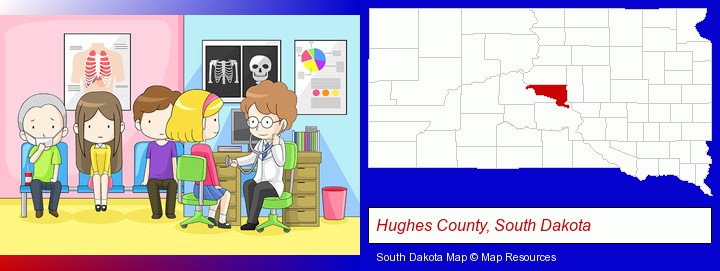 a clinic, showing a doctor and four patients; Hughes County, South Dakota highlighted in red on a map