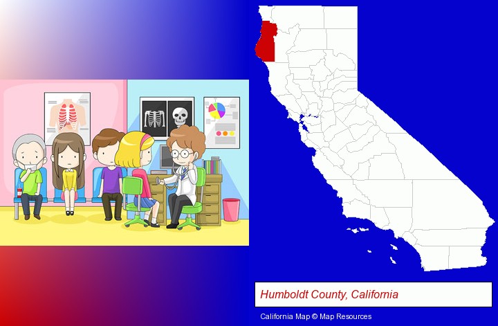a clinic, showing a doctor and four patients; Humboldt County, California highlighted in red on a map