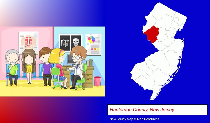 a clinic, showing a doctor and four patients; Hunterdon County, New Jersey highlighted in red on a map