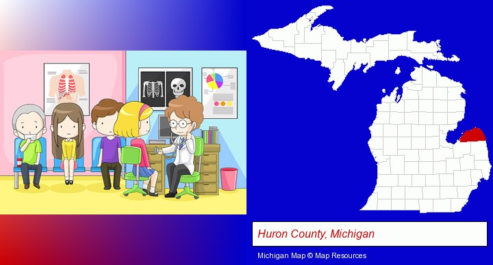 a clinic, showing a doctor and four patients; Huron County, Michigan highlighted in red on a map