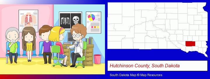 a clinic, showing a doctor and four patients; Hutchinson County, South Dakota highlighted in red on a map