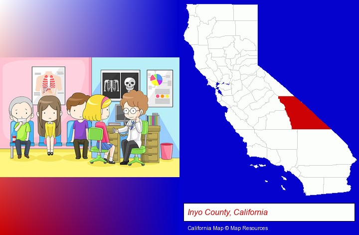 a clinic, showing a doctor and four patients; Inyo County, California highlighted in red on a map