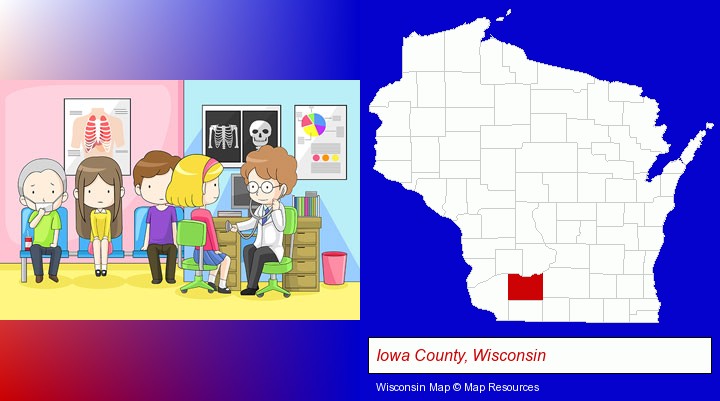 a clinic, showing a doctor and four patients; Iowa County, Wisconsin highlighted in red on a map