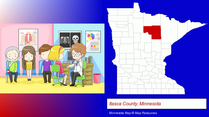a clinic, showing a doctor and four patients; Itasca County, Minnesota highlighted in red on a map