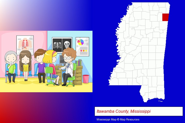 a clinic, showing a doctor and four patients; Itawamba County, Mississippi highlighted in red on a map