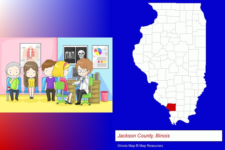 a clinic, showing a doctor and four patients; Jackson County, Illinois highlighted in red on a map