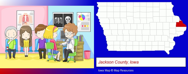 a clinic, showing a doctor and four patients; Jackson County, Iowa highlighted in red on a map