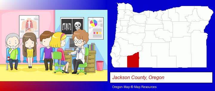 a clinic, showing a doctor and four patients; Jackson County, Oregon highlighted in red on a map