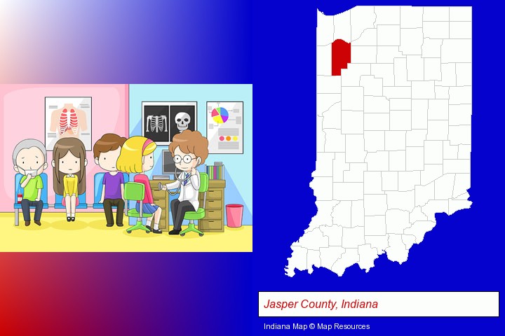 a clinic, showing a doctor and four patients; Jasper County, Indiana highlighted in red on a map