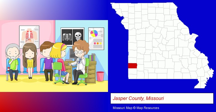 a clinic, showing a doctor and four patients; Jasper County, Missouri highlighted in red on a map