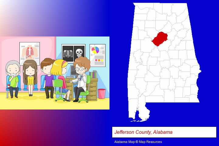 a clinic, showing a doctor and four patients; Jefferson County, Alabama highlighted in red on a map