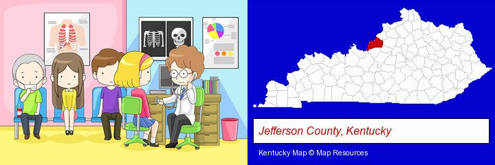 a clinic, showing a doctor and four patients; Jefferson County, Kentucky highlighted in red on a map
