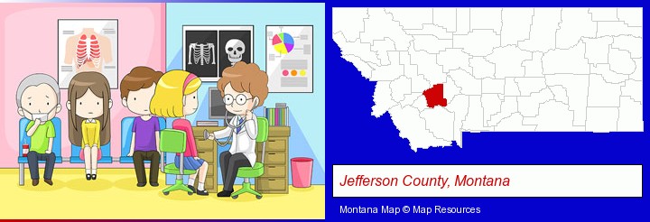 a clinic, showing a doctor and four patients; Jefferson County, Montana highlighted in red on a map