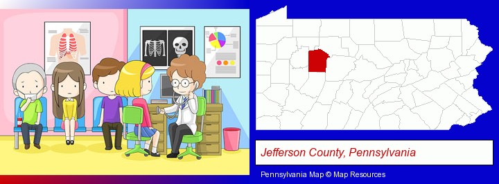 a clinic, showing a doctor and four patients; Jefferson County, Pennsylvania highlighted in red on a map