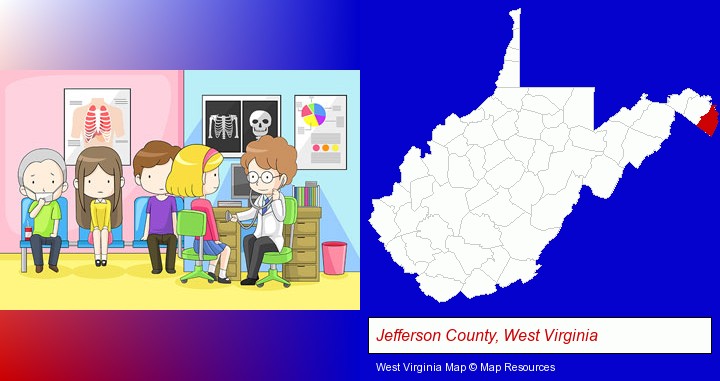 a clinic, showing a doctor and four patients; Jefferson County, West Virginia highlighted in red on a map