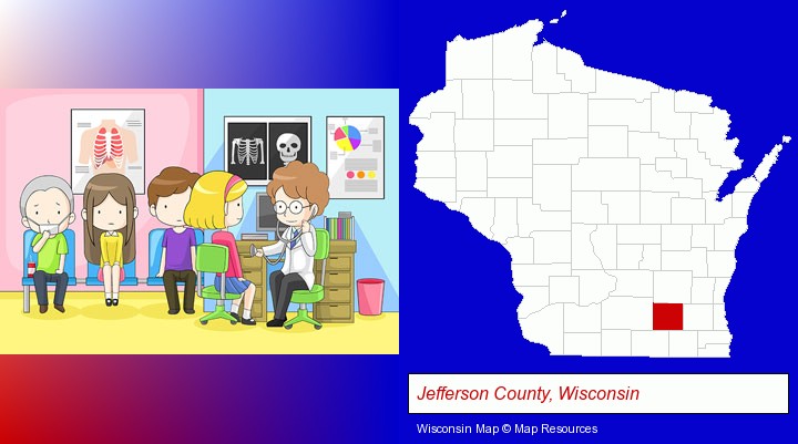 a clinic, showing a doctor and four patients; Jefferson County, Wisconsin highlighted in red on a map