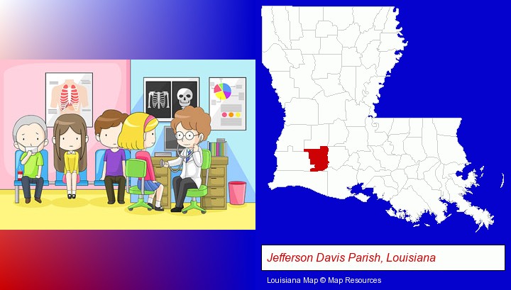 a clinic, showing a doctor and four patients; Jefferson Davis Parish, Louisiana highlighted in red on a map