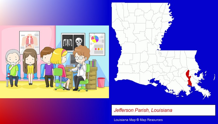 a clinic, showing a doctor and four patients; Jefferson Parish, Louisiana highlighted in red on a map