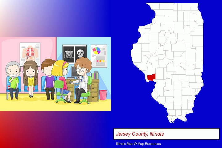 a clinic, showing a doctor and four patients; Jersey County, Illinois highlighted in red on a map