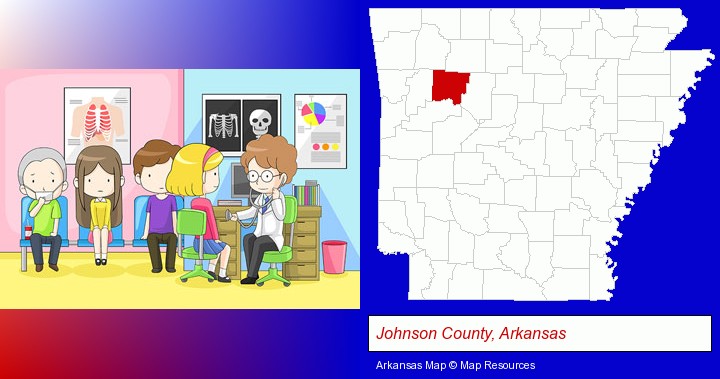 a clinic, showing a doctor and four patients; Johnson County, Arkansas highlighted in red on a map