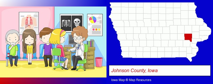 a clinic, showing a doctor and four patients; Johnson County, Iowa highlighted in red on a map