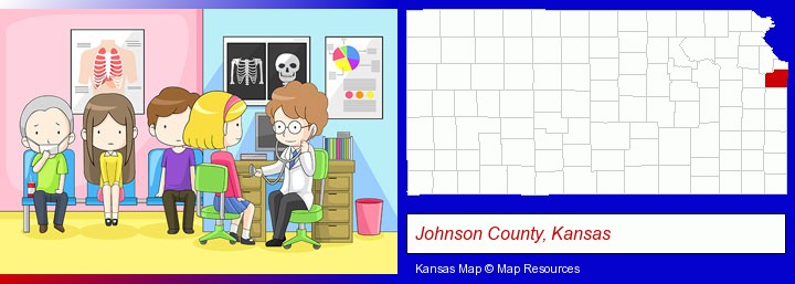 a clinic, showing a doctor and four patients; Johnson County, Kansas highlighted in red on a map