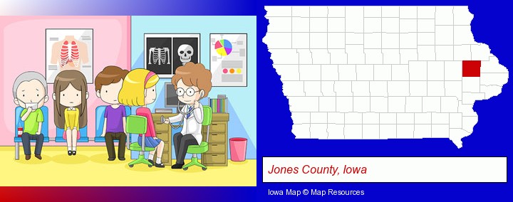 a clinic, showing a doctor and four patients; Jones County, Iowa highlighted in red on a map