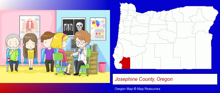 a clinic, showing a doctor and four patients; Josephine County, Oregon highlighted in red on a map