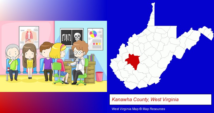 a clinic, showing a doctor and four patients; Kanawha County, West Virginia highlighted in red on a map