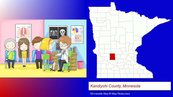 a clinic, showing a doctor and four patients; Kandiyohi County, Minnesota highlighted in red on a map