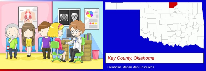 a clinic, showing a doctor and four patients; Kay County, Oklahoma highlighted in red on a map