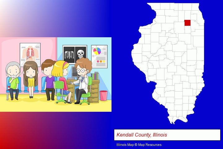 a clinic, showing a doctor and four patients; Kendall County, Illinois highlighted in red on a map