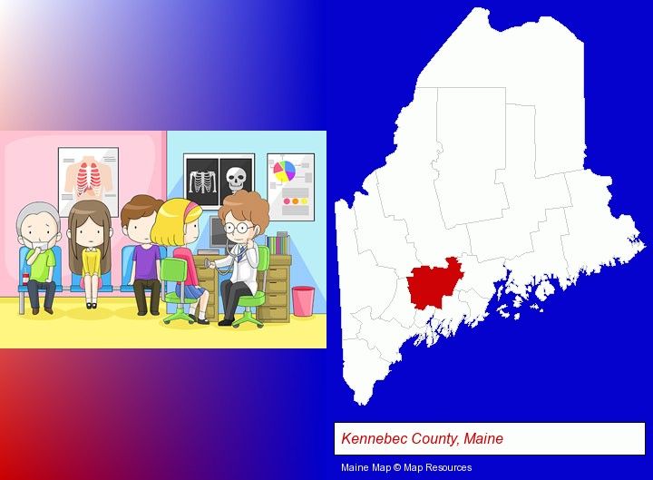 a clinic, showing a doctor and four patients; Kennebec County, Maine highlighted in red on a map