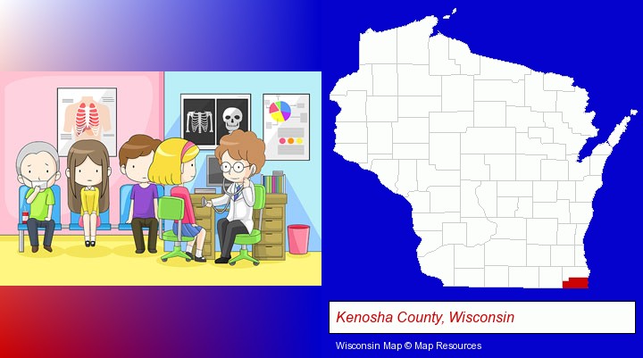 a clinic, showing a doctor and four patients; Kenosha County, Wisconsin highlighted in red on a map