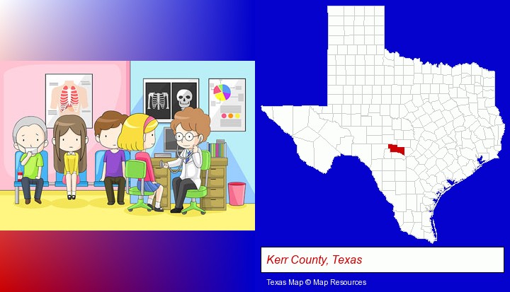 a clinic, showing a doctor and four patients; Kerr County, Texas highlighted in red on a map