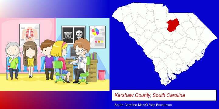 a clinic, showing a doctor and four patients; Kershaw County, South Carolina highlighted in red on a map