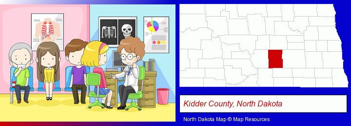 a clinic, showing a doctor and four patients; Kidder County, North Dakota highlighted in red on a map