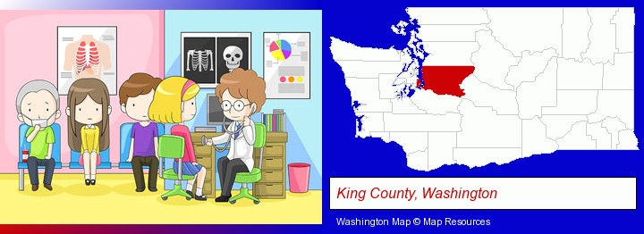 a clinic, showing a doctor and four patients; King County, Washington highlighted in red on a map