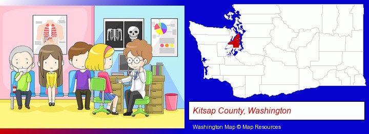 a clinic, showing a doctor and four patients; Kitsap County, Washington highlighted in red on a map