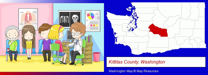 a clinic, showing a doctor and four patients; Kittitas County, Washington highlighted in red on a map