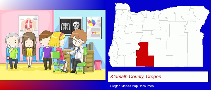 a clinic, showing a doctor and four patients; Klamath County, Oregon highlighted in red on a map