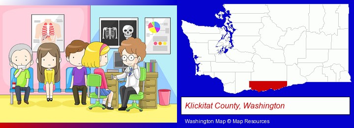 a clinic, showing a doctor and four patients; Klickitat County, Washington highlighted in red on a map
