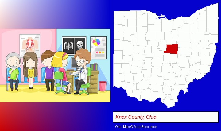 a clinic, showing a doctor and four patients; Knox County, Ohio highlighted in red on a map