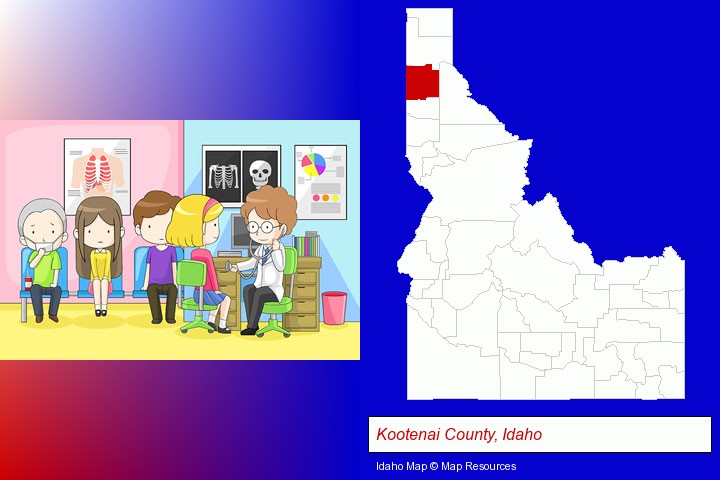 a clinic, showing a doctor and four patients; Kootenai County, Idaho highlighted in red on a map