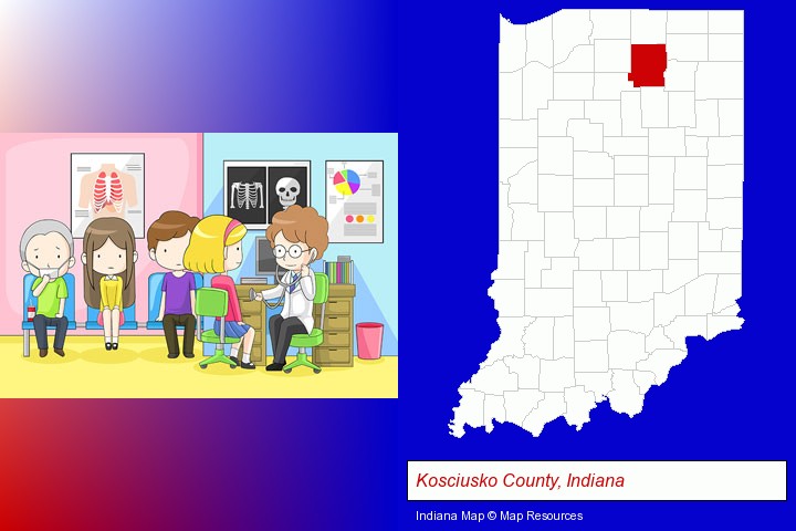 a clinic, showing a doctor and four patients; Kosciusko County, Indiana highlighted in red on a map