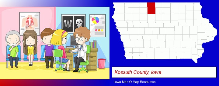 a clinic, showing a doctor and four patients; Kossuth County, Iowa highlighted in red on a map