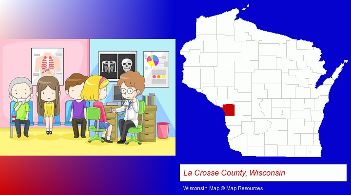 a clinic, showing a doctor and four patients; La Crosse County, Wisconsin highlighted in red on a map