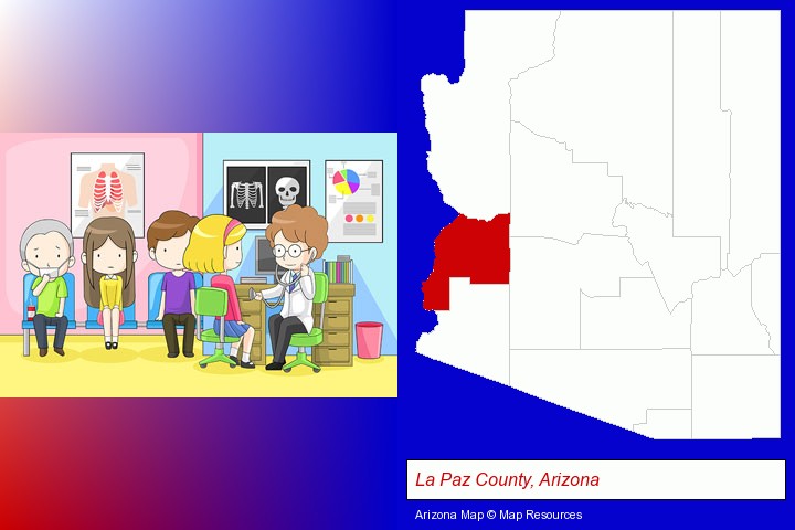 a clinic, showing a doctor and four patients; La Paz County, Arizona highlighted in red on a map