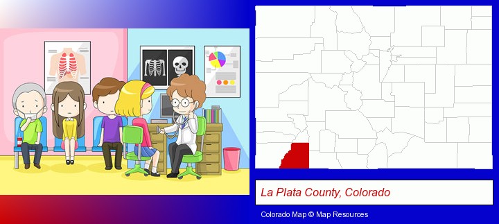 a clinic, showing a doctor and four patients; La Plata County, Colorado highlighted in red on a map