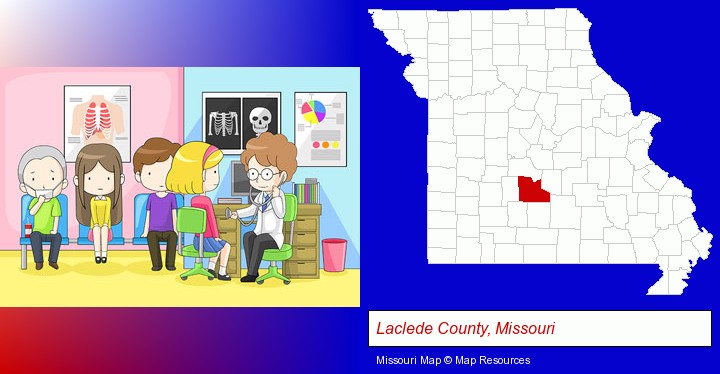 a clinic, showing a doctor and four patients; Laclede County, Missouri highlighted in red on a map